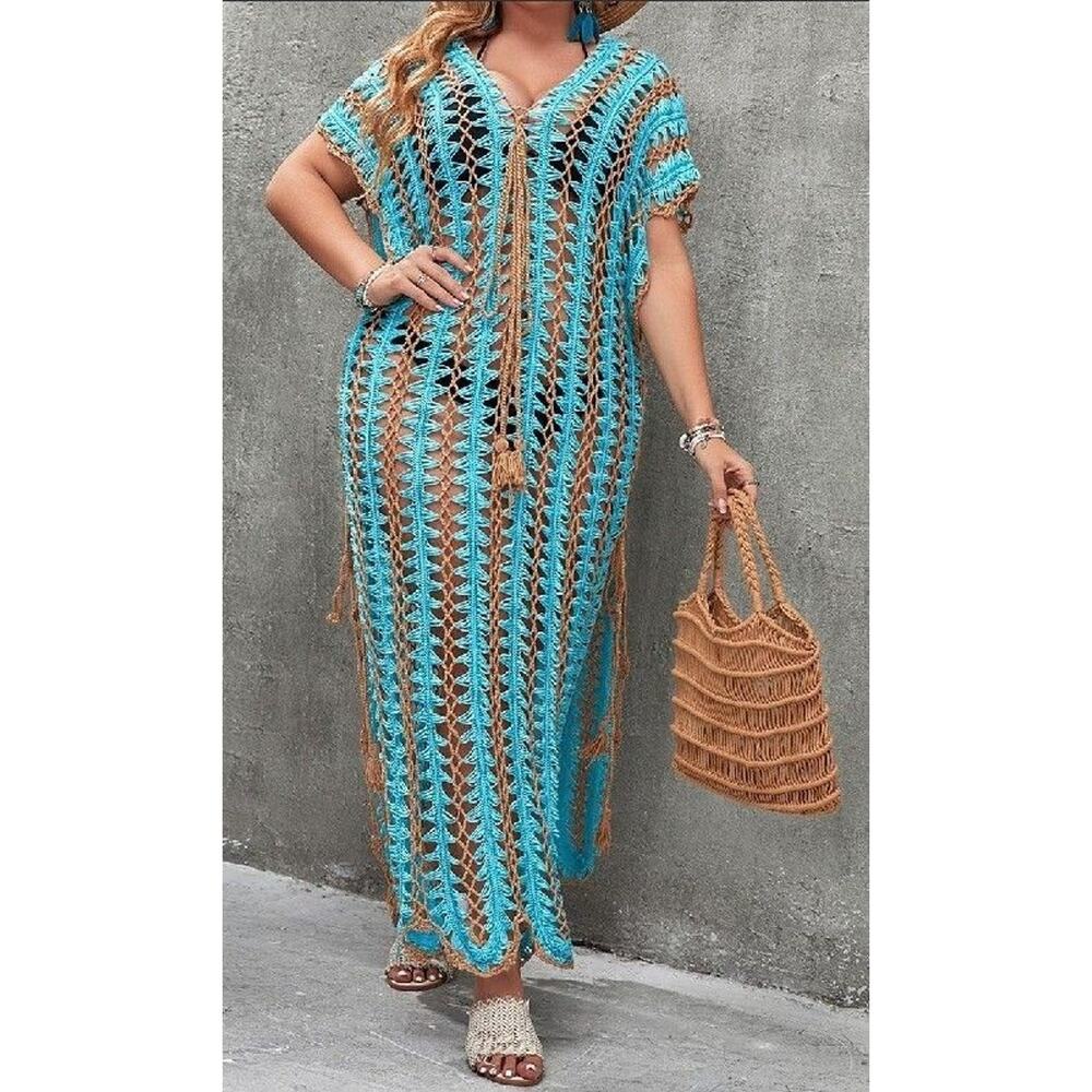 Crochet Maxi Cover Up Dress M/L Blue Brown Knit Boho Festival Cowgirl Beach - Picture 3 of 11